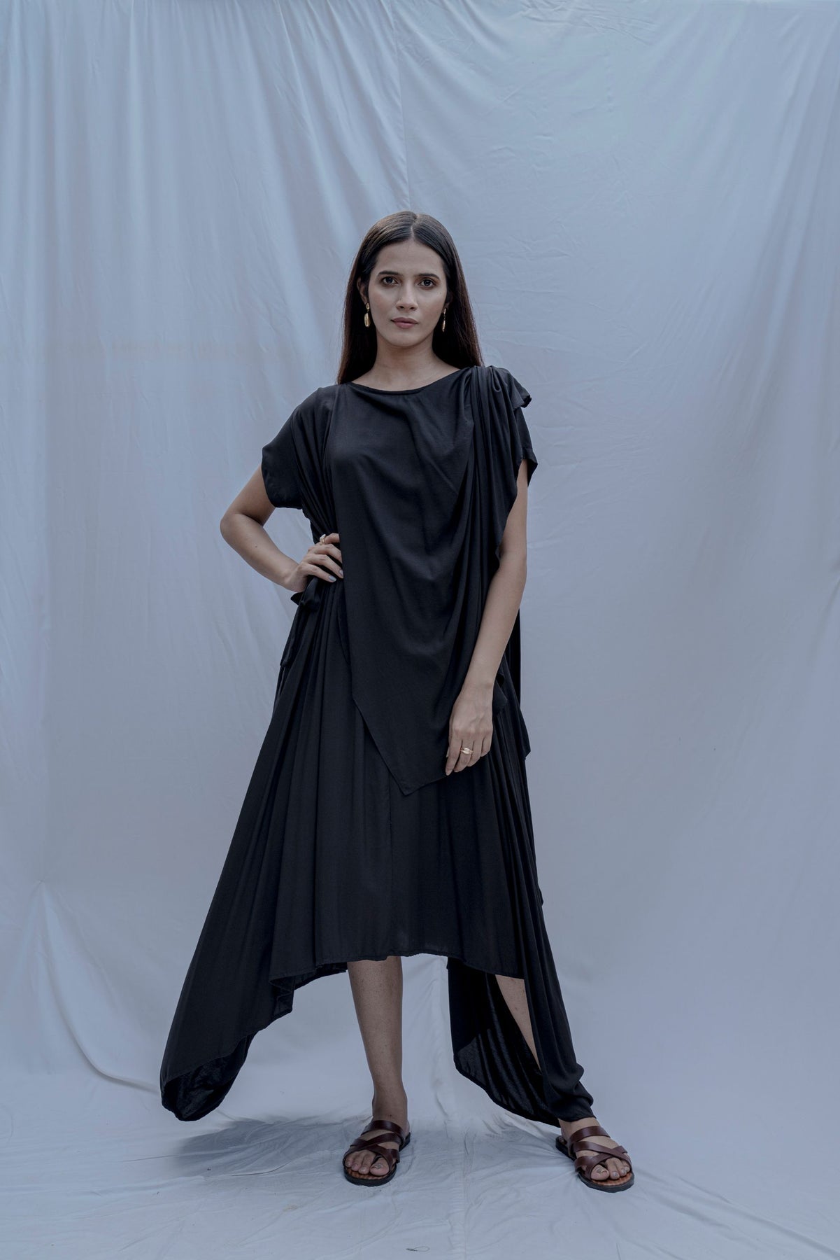 JESS- BLACK OVERLAP ASYMMETRIC DRAPED DRESS-0