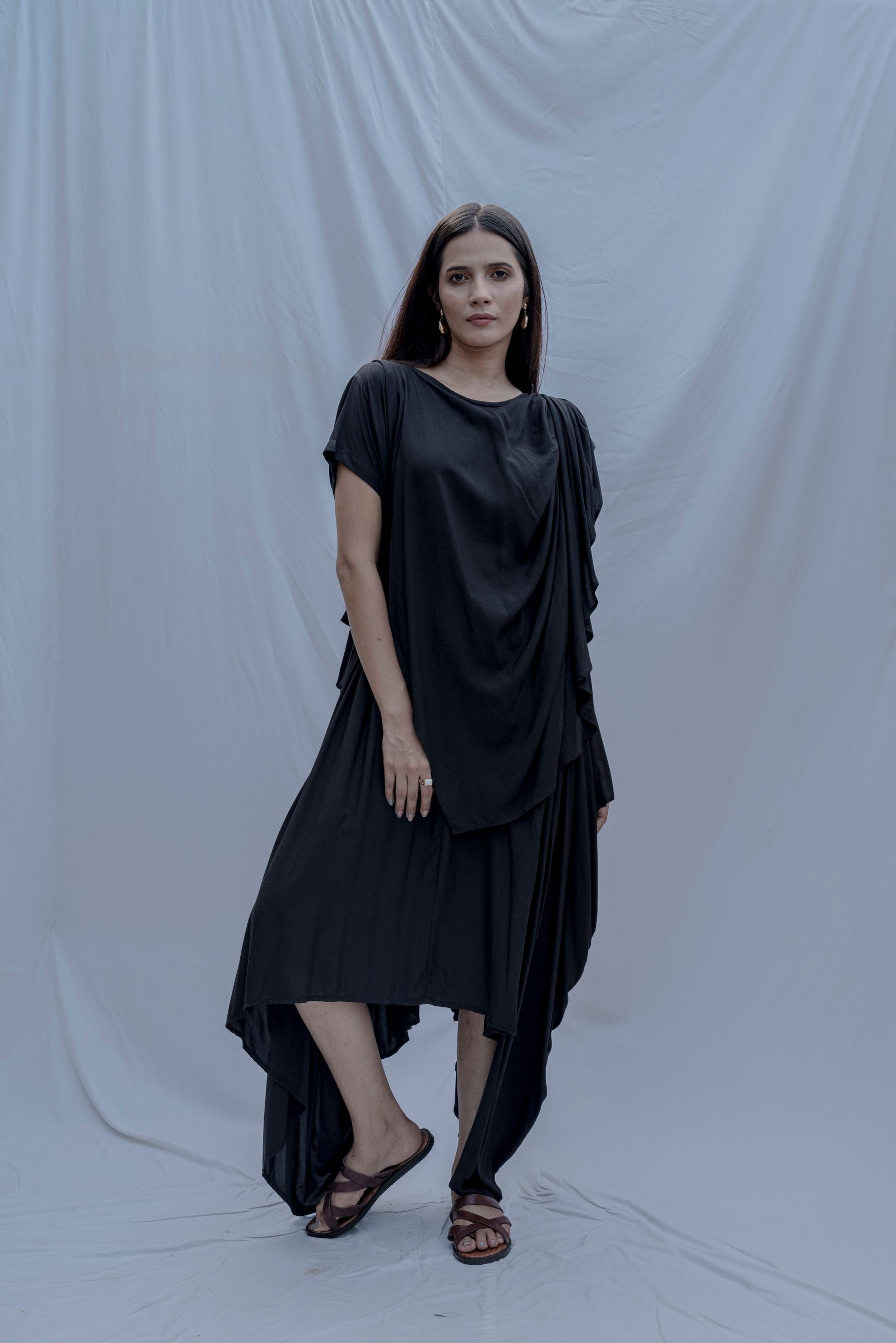 Jess- Black Overlap Asymmetric Draped Dress-3