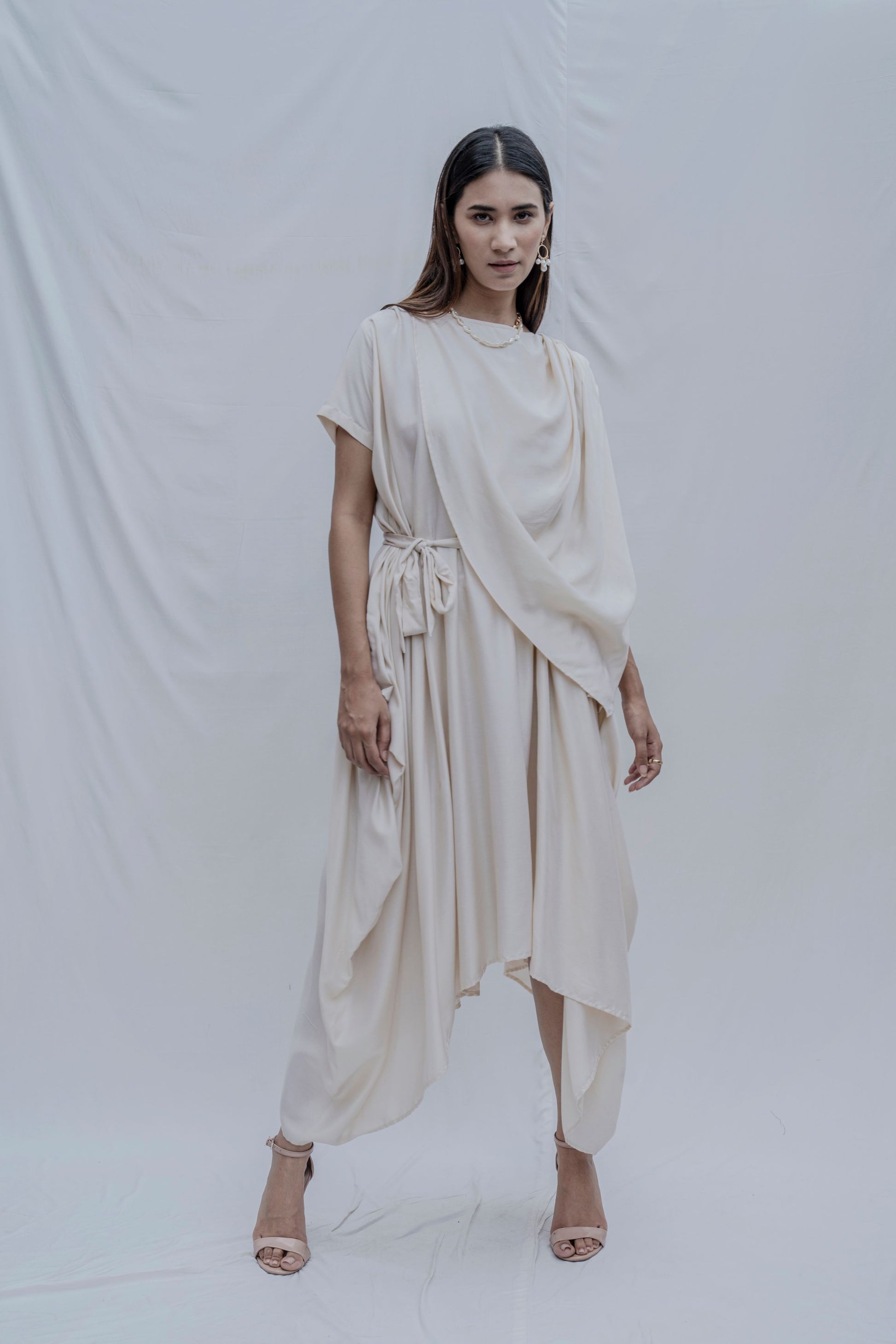 Jess- Off White Overlap Asymmetric Draped Dress-0