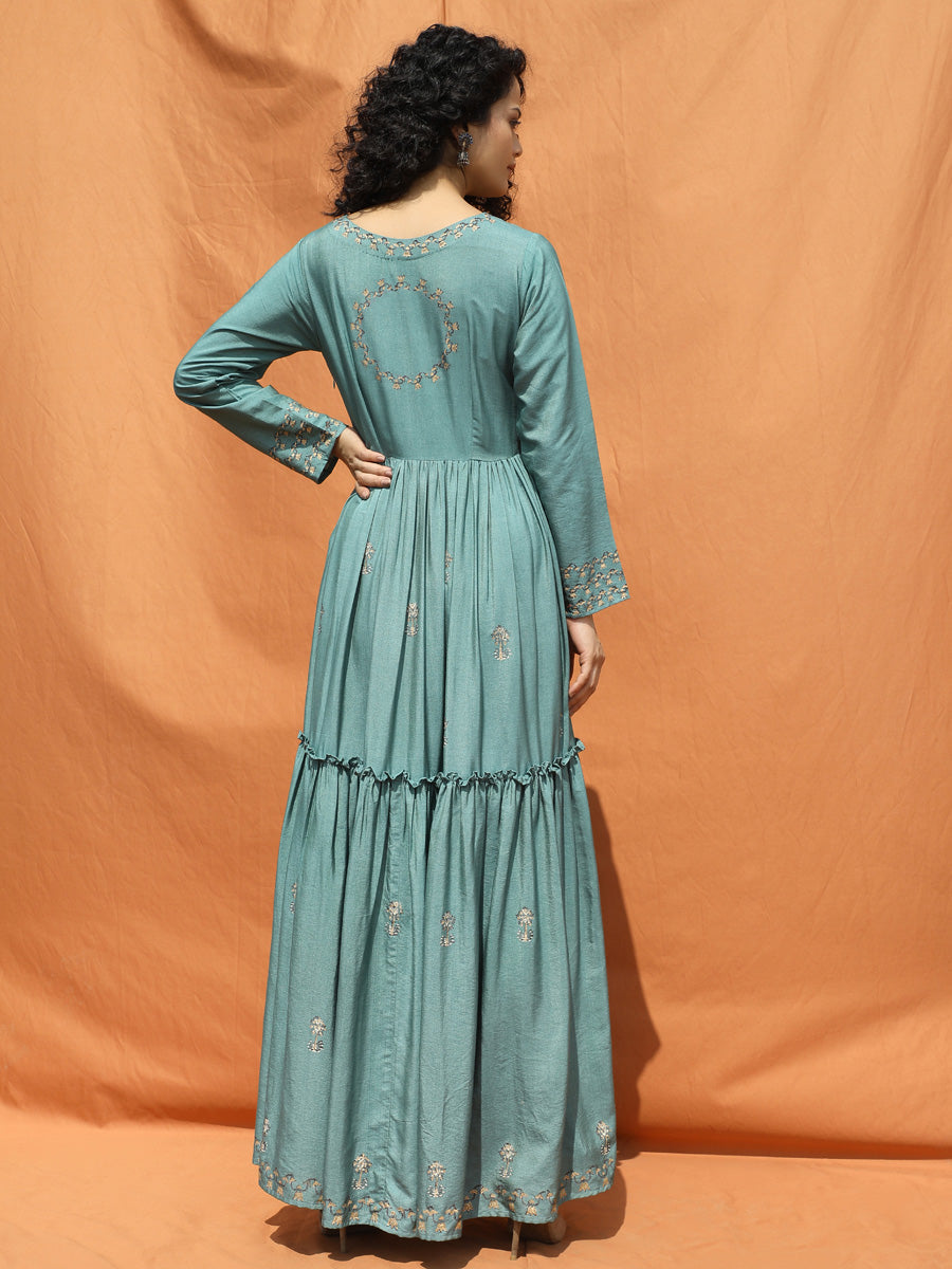 Teal Blue Block Printed Floor Length Dress-3