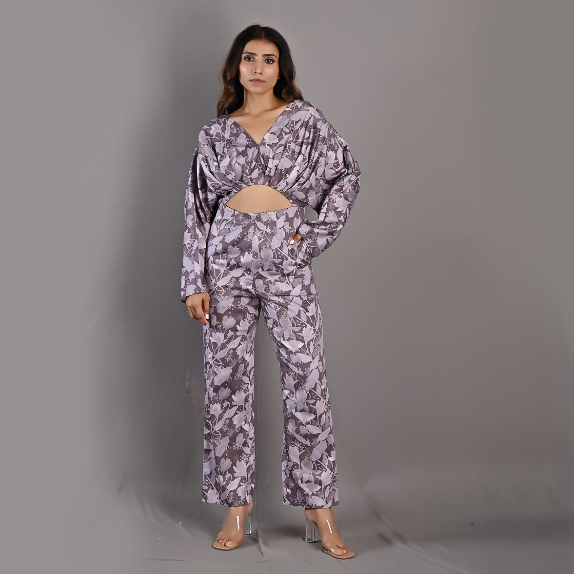 Ayana- Mauve Floral Printed Jumpsuit with Front Slit-0