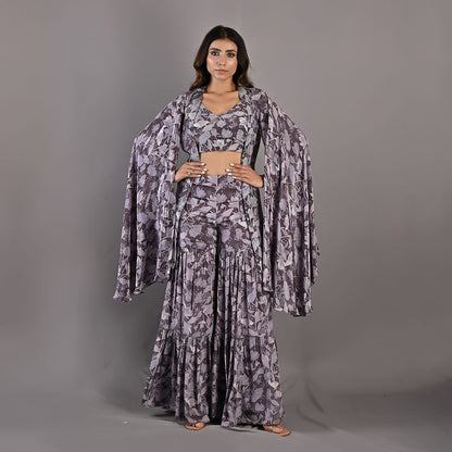 Voila- Mauve Floral Printed Embroidered Top with Cape & Sharara Set-2