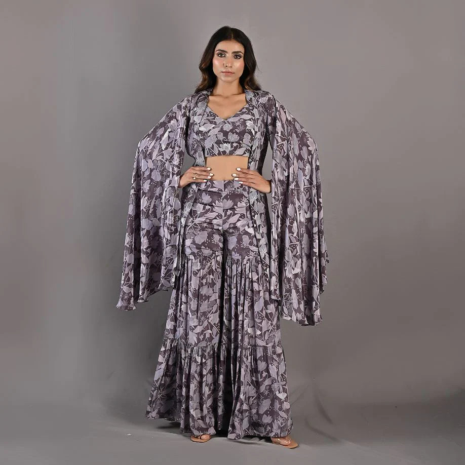 VOILA - Printed Embroidered Crop Top With Sharara Set-1