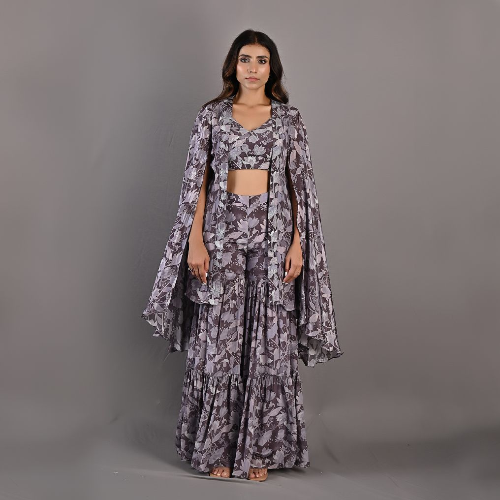 Voila- Mauve Floral Printed Embroidered Top with Cape & Sharara Set-3