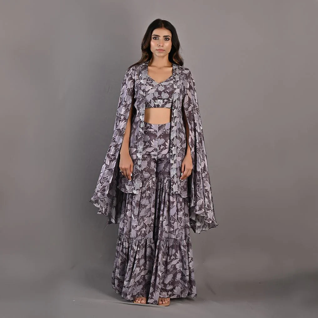 VOILA - Printed Embroidered Crop Top With Sharara Set-2