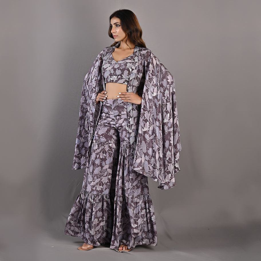 Voila- Mauve Floral Printed Embroidered Top with Cape & Sharara Set-4