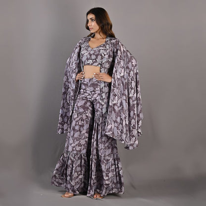 Voila- Mauve Floral Printed Embroidered Top with Cape & Sharara Set-4