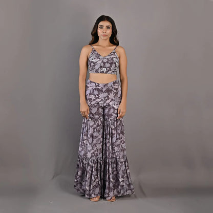 VOILA - Printed Embroidered Crop Top With Sharara Set-3