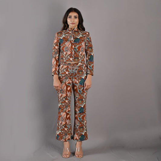 Maryam - Maroon & Multi Printed Co-ord Shirt Jacket & Bell Bottom Set-0