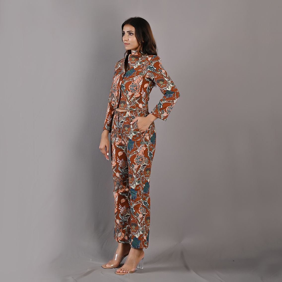 Maryam - Maroon & Multi Printed Co-ord Shirt Jacket & Bell Bottom Set-1