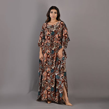 Raisa- Maroon & Multi Printed Kaftan Dress with Embroidered Neckline-0