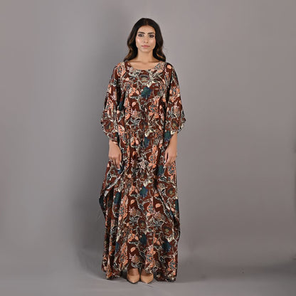 Raisa- Maroon & Multi Printed Kaftan Dress with Embroidered Neckline-1