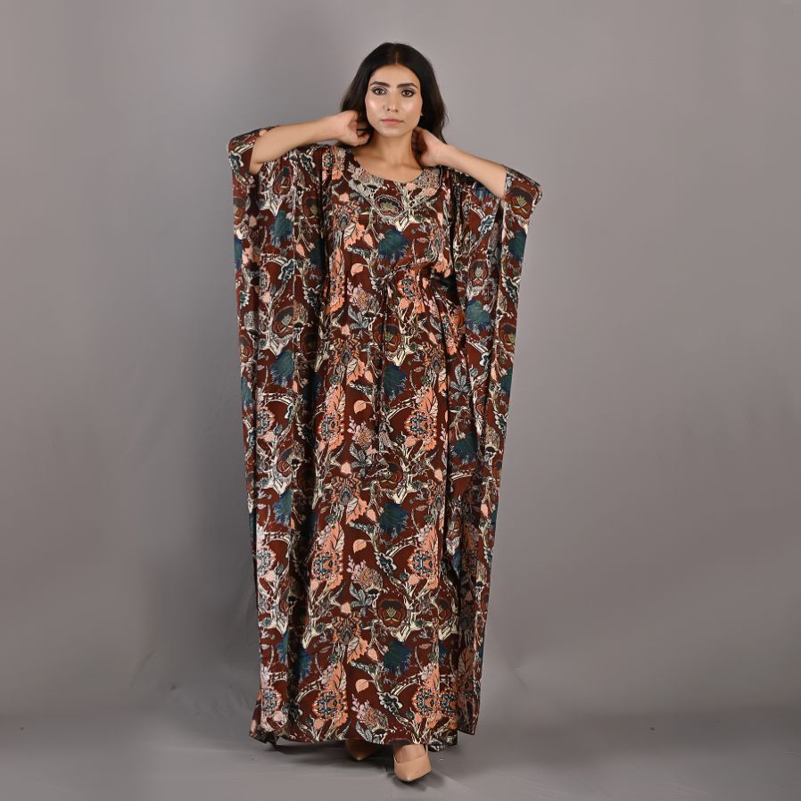 Raisa- Maroon & Multi Printed Kaftan Dress with Embroidered Neckline-2