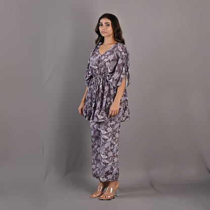 Zen- Mauve Floral Printed Co-ord Kaftan Style Top & Pant Set-2