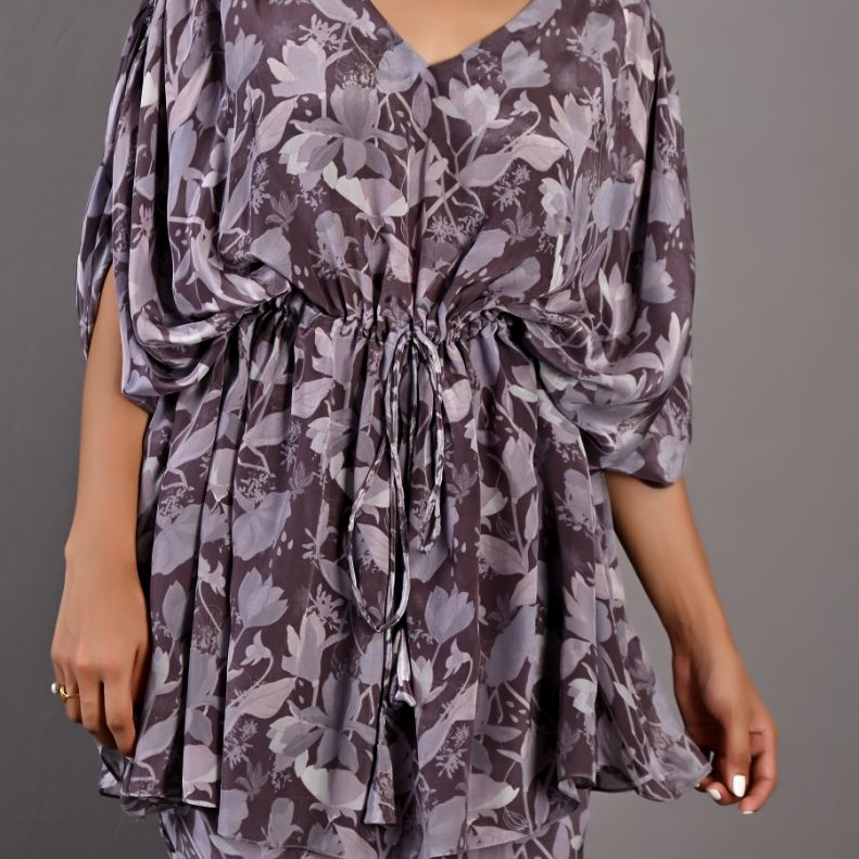 Zen- Mauve Floral Printed Co-ord Kaftan Style Top & Pant Set-4