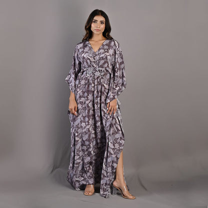 Chrysanta- Mauve Floral Printed Kaftan Dress with Embroidered Waistline-0