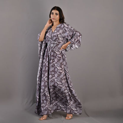 Chrysanta- Mauve Floral Printed Kaftan Dress with Embroidered Waistline-1