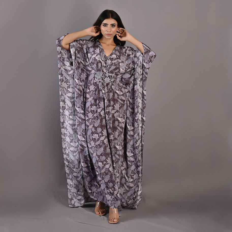 Chrysanta- Mauve Floral Printed Kaftan Dress with Embroidered Waistline-2