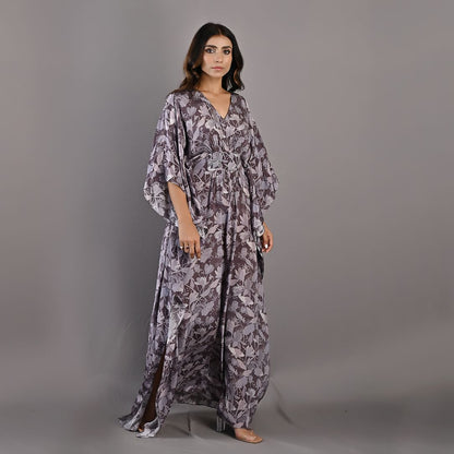 Chrysanta- Mauve Floral Printed Kaftan Dress with Embroidered Waistline-3