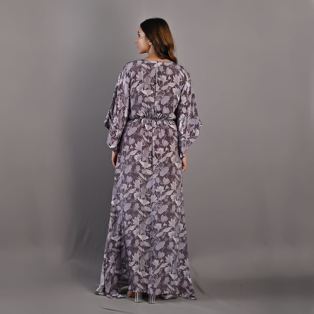 Chrysanta- Mauve Floral Printed Kaftan Dress with Embroidered Waistline-4