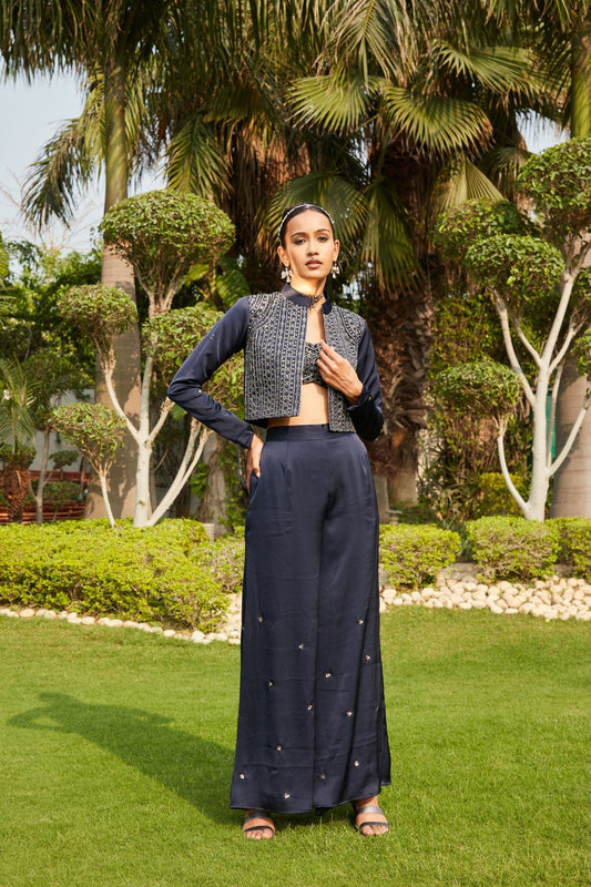 NAILA- NAVY BLUE EMBROIDERED CO-ORD JACKET & BLOUSE WITH WIDE FLARE PANTS SET-0