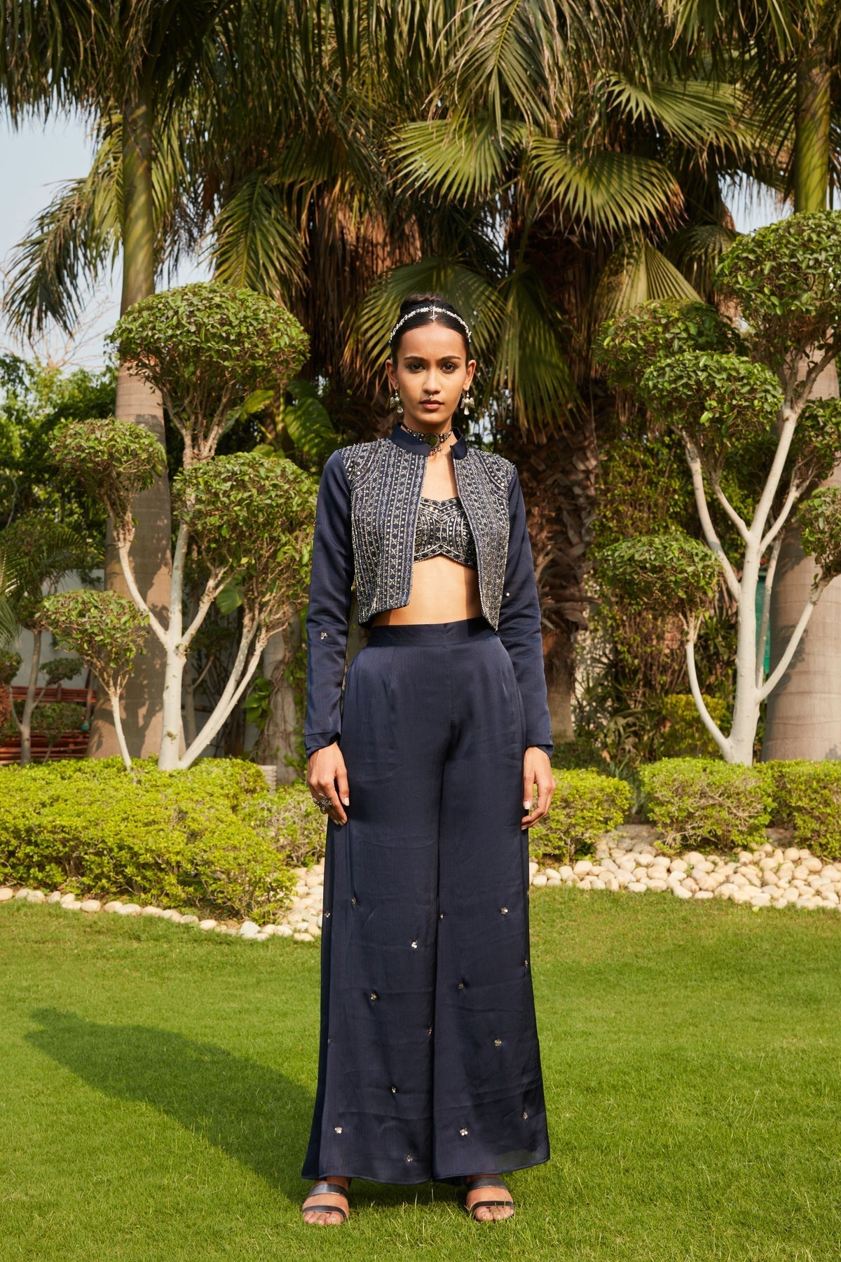 NAILA- NAVY BLUE EMBROIDERED CO-ORD JACKET & BLOUSE WITH WIDE FLARE PANTS SET-1