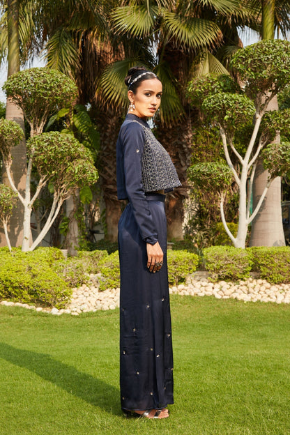 NAILA- NAVY BLUE EMBROIDERED CO-ORD JACKET & BLOUSE WITH WIDE FLARE PANTS SET-2