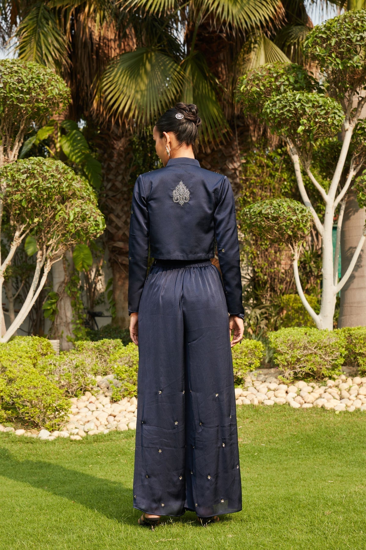 NAILA- NAVY BLUE EMBROIDERED CO-ORD JACKET & BLOUSE WITH WIDE FLARE PANTS SET-3