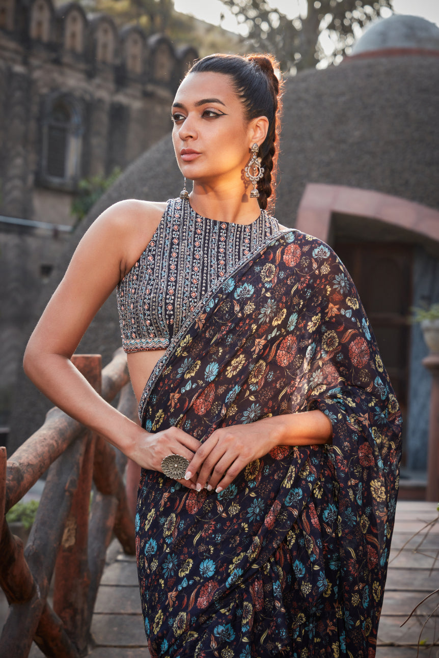 Amari- Printed Ruffle Saree Set-1