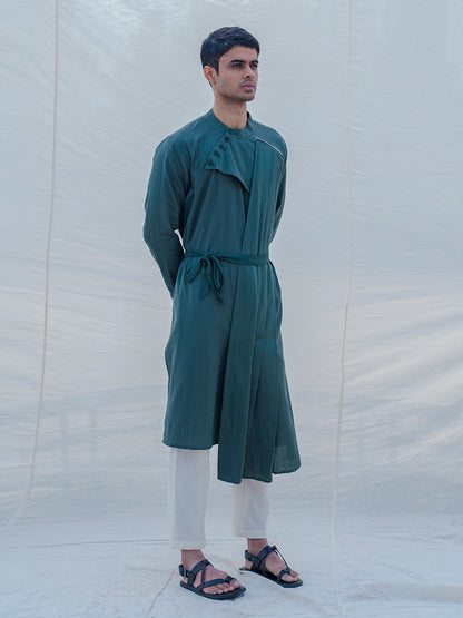 Cotton X Linen kurta in Bottle Green-2