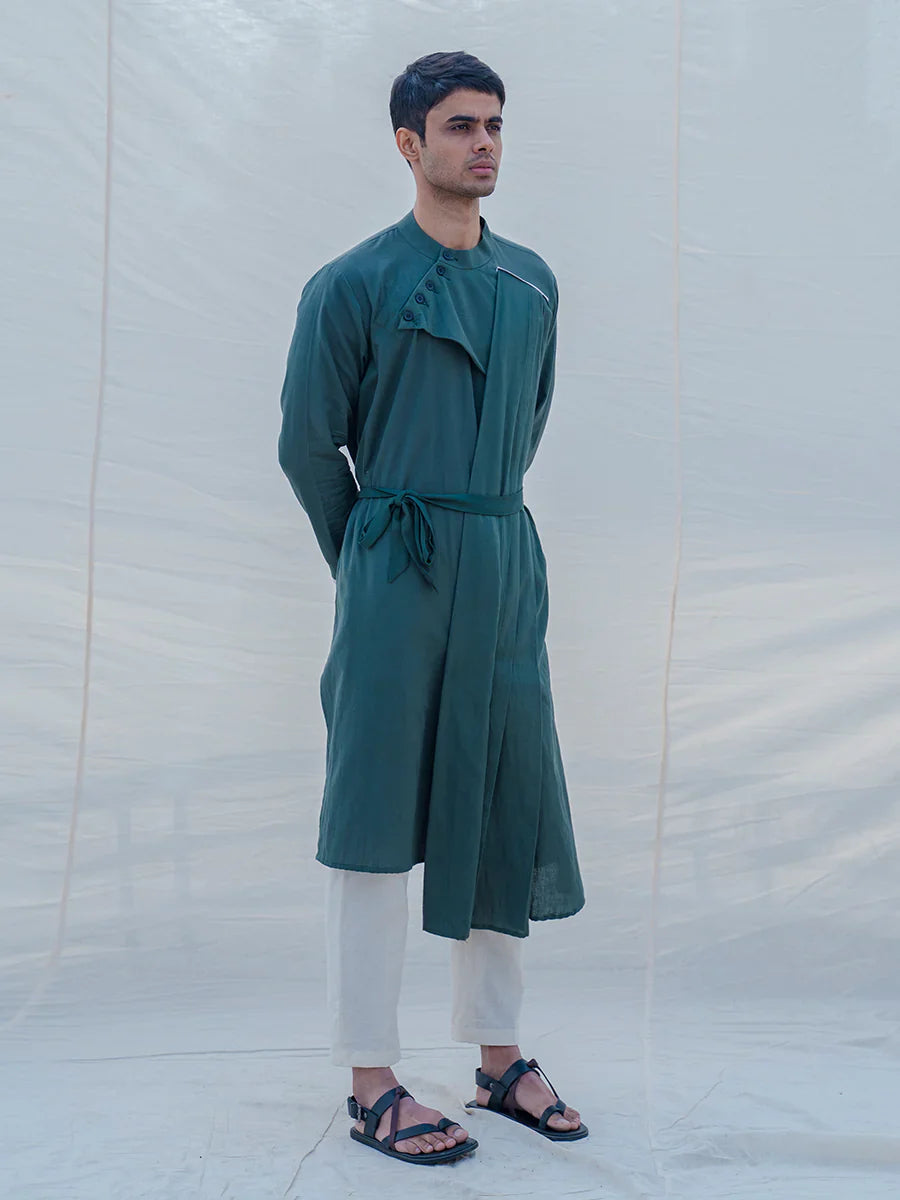 COTTON X LINEN - BOTTLE GREEN KURTA SET-1