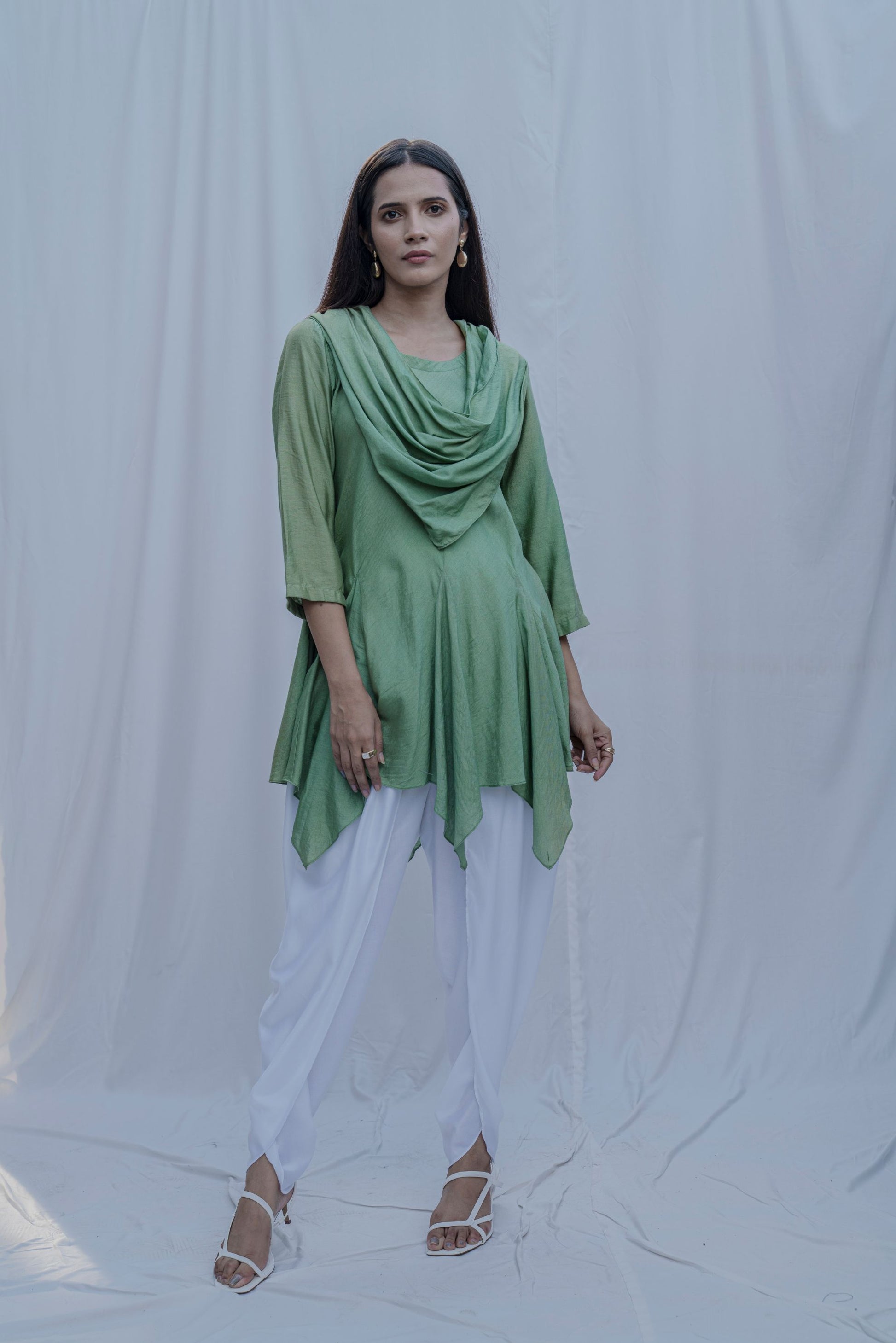 Dream Cowl Top in Light Green and Tulip Dhoti in White - Set-0