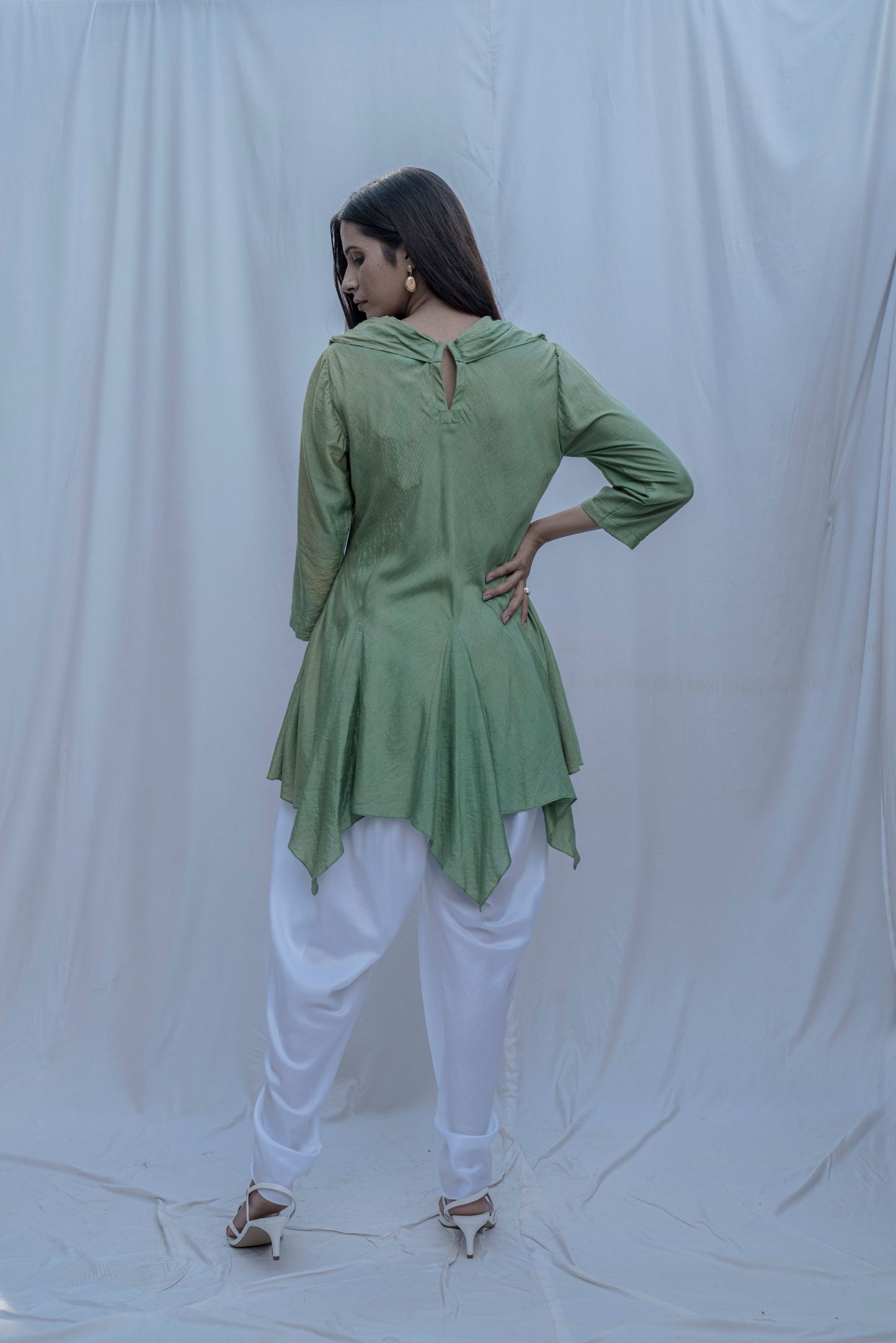 Dream Cowl Top in Light Green and Tulip Dhoti in White - Set-2