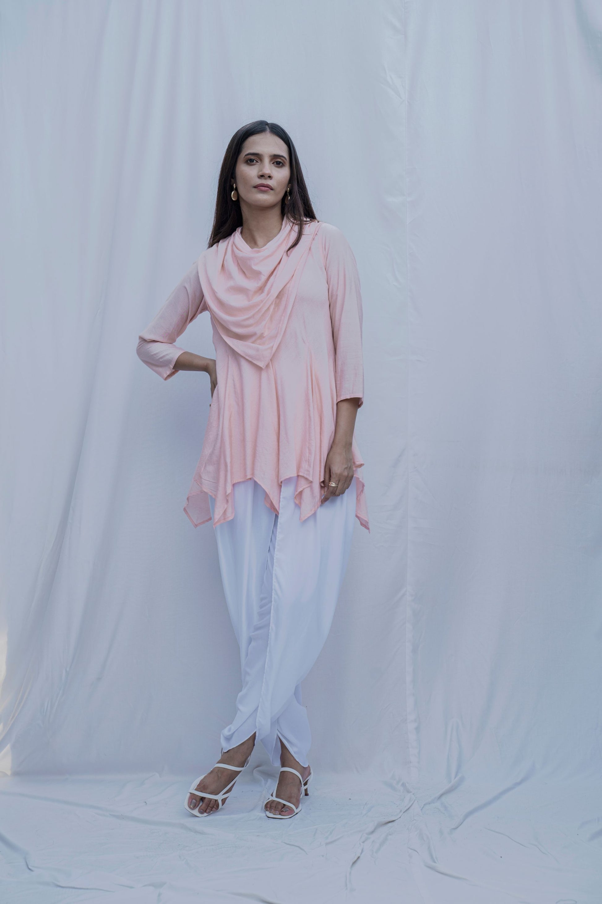 Dream Cowl Top in Peach and Tulip Dhoti in White - Set-1