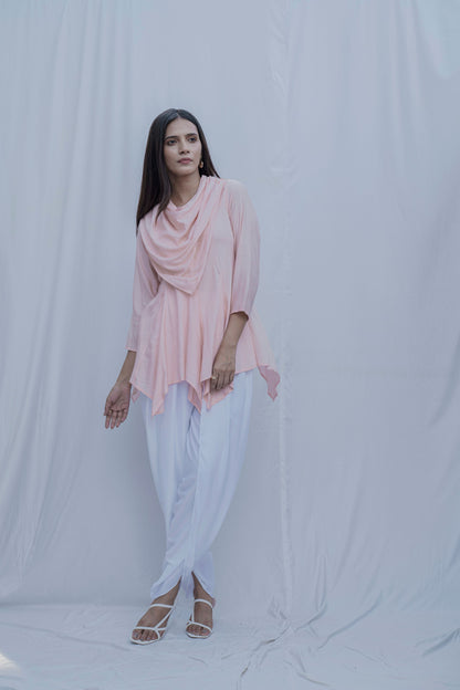 Dream Cowl Top in Peach and Tulip Dhoti in White - Set-3