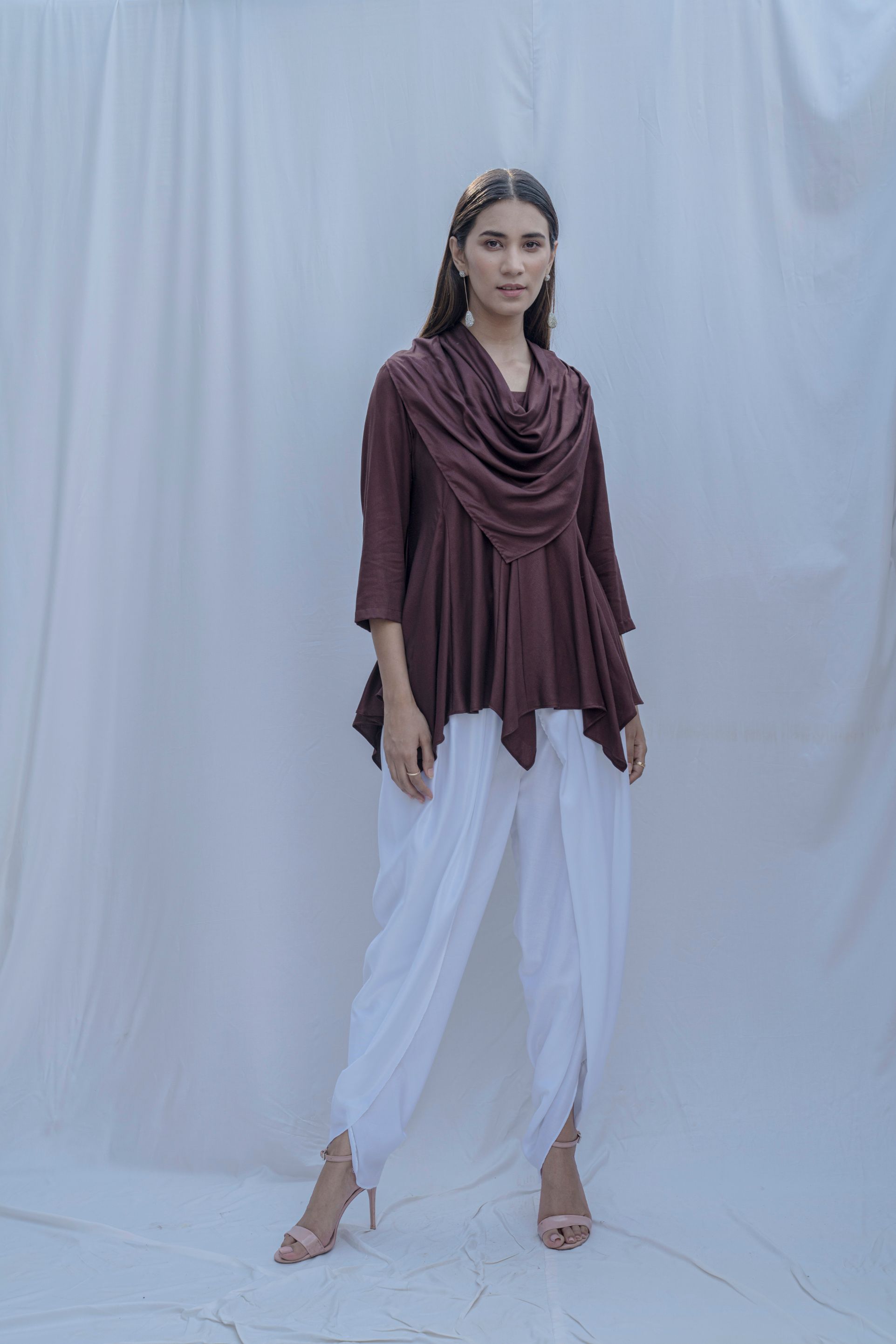 Dream Cowl Top in Brown  and Tulip Dhoti in White - Set-0