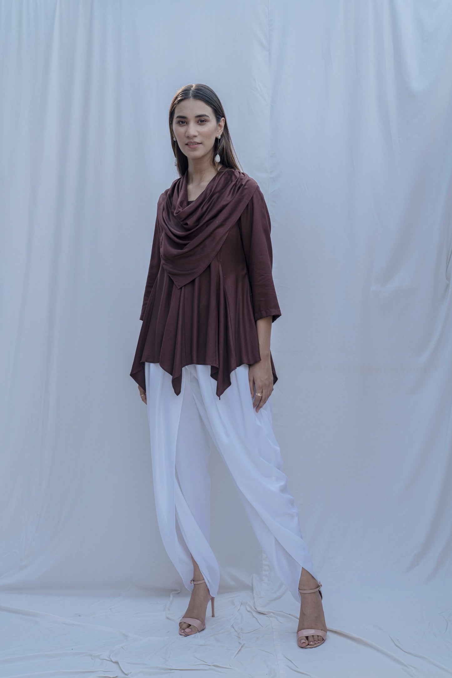 Dream Cowl Top in Brown  and Tulip Dhoti in White - Set-1