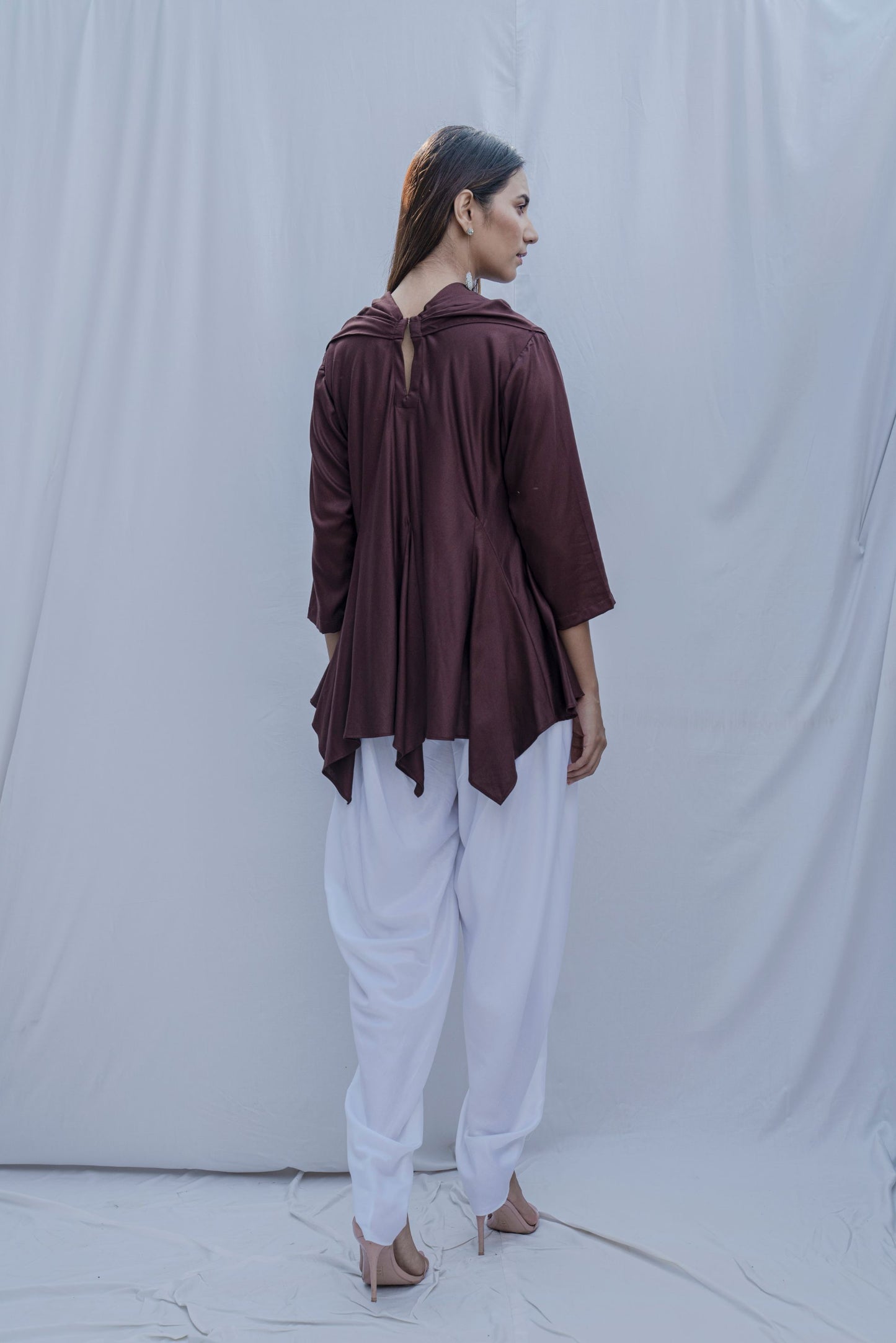 Dream Cowl Top in Brown  and Tulip Dhoti in White - Set-2