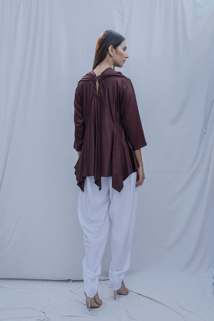 Dream Cowl Top in Brown  and Tulip Dhoti in White - Set-2