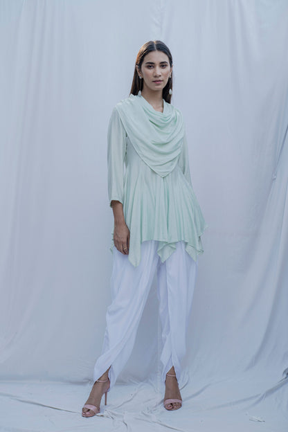 Dream Cowl Top in Mint Green and Tulip Dhoti in White - Set-0