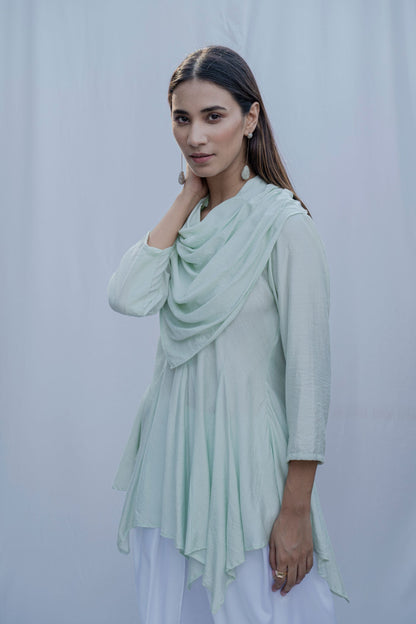 Dream Cowl Top in Mint Green and Tulip Dhoti in White - Set-1