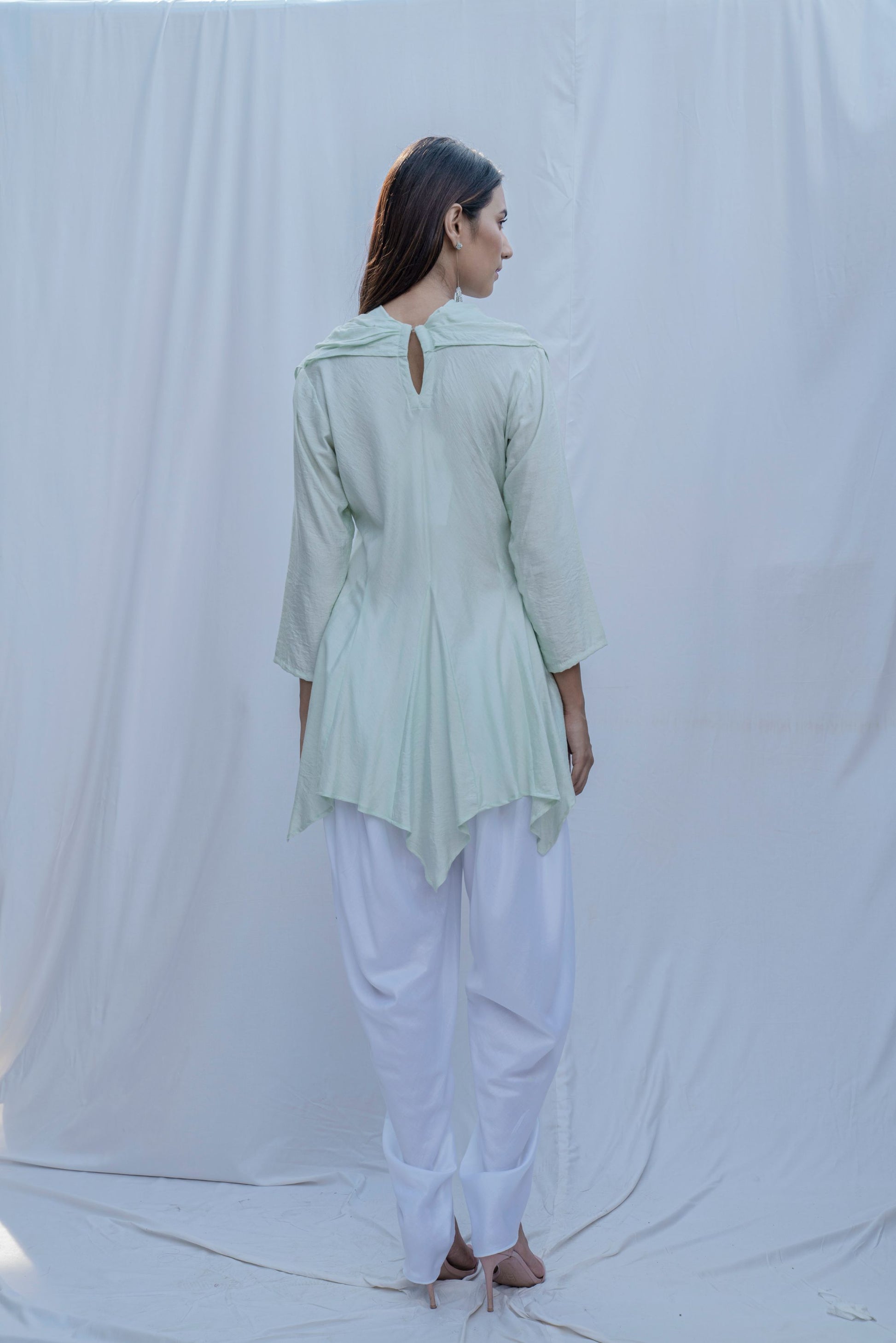 Dream Cowl Top in Mint Green and Tulip Dhoti in White - Set-2