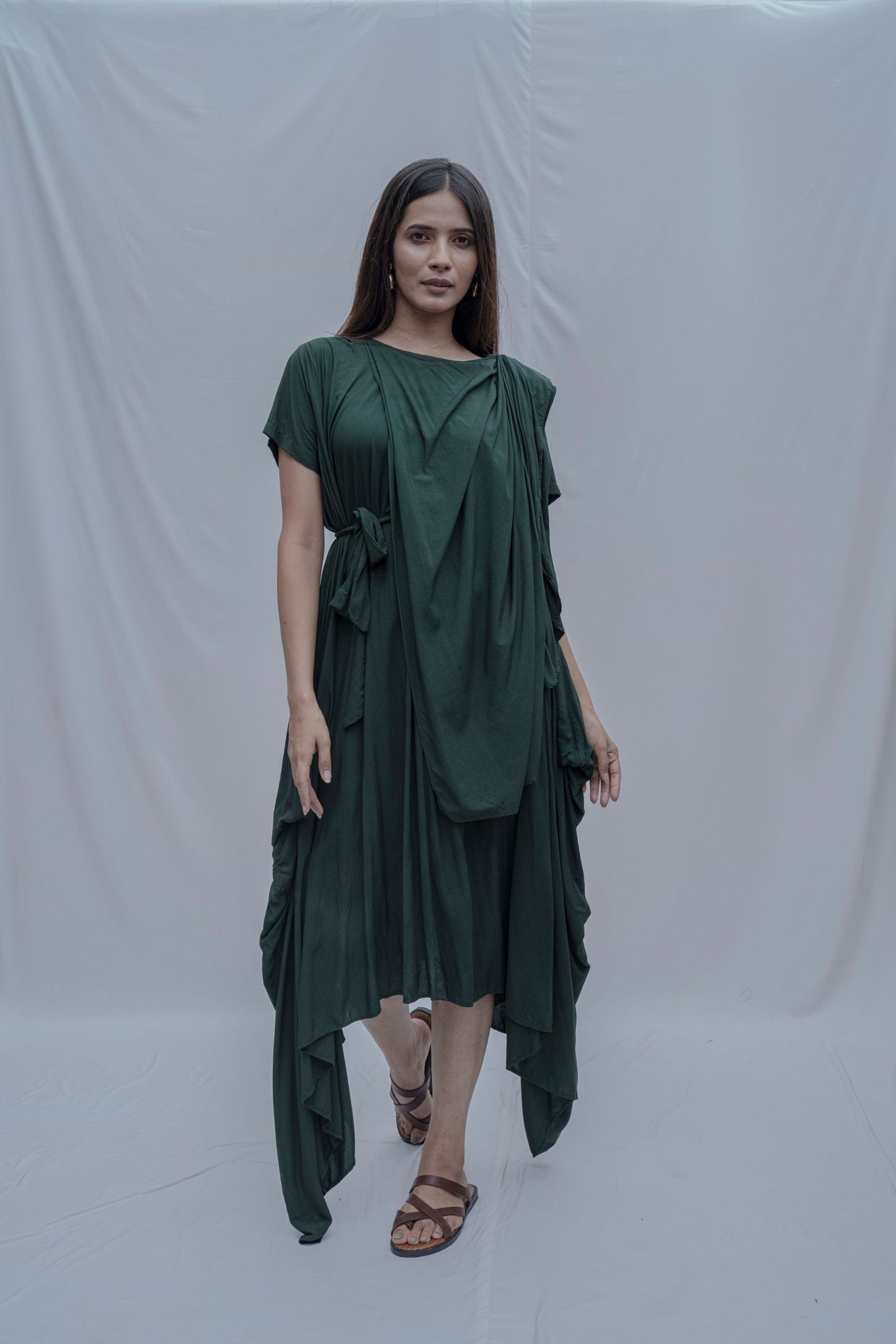 Jess- Bottle Green Overlap Asymmetric Draped Dress-0