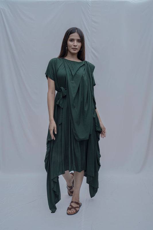 Jess- Bottle Green Overlap Asymmetric Draped Dress-0