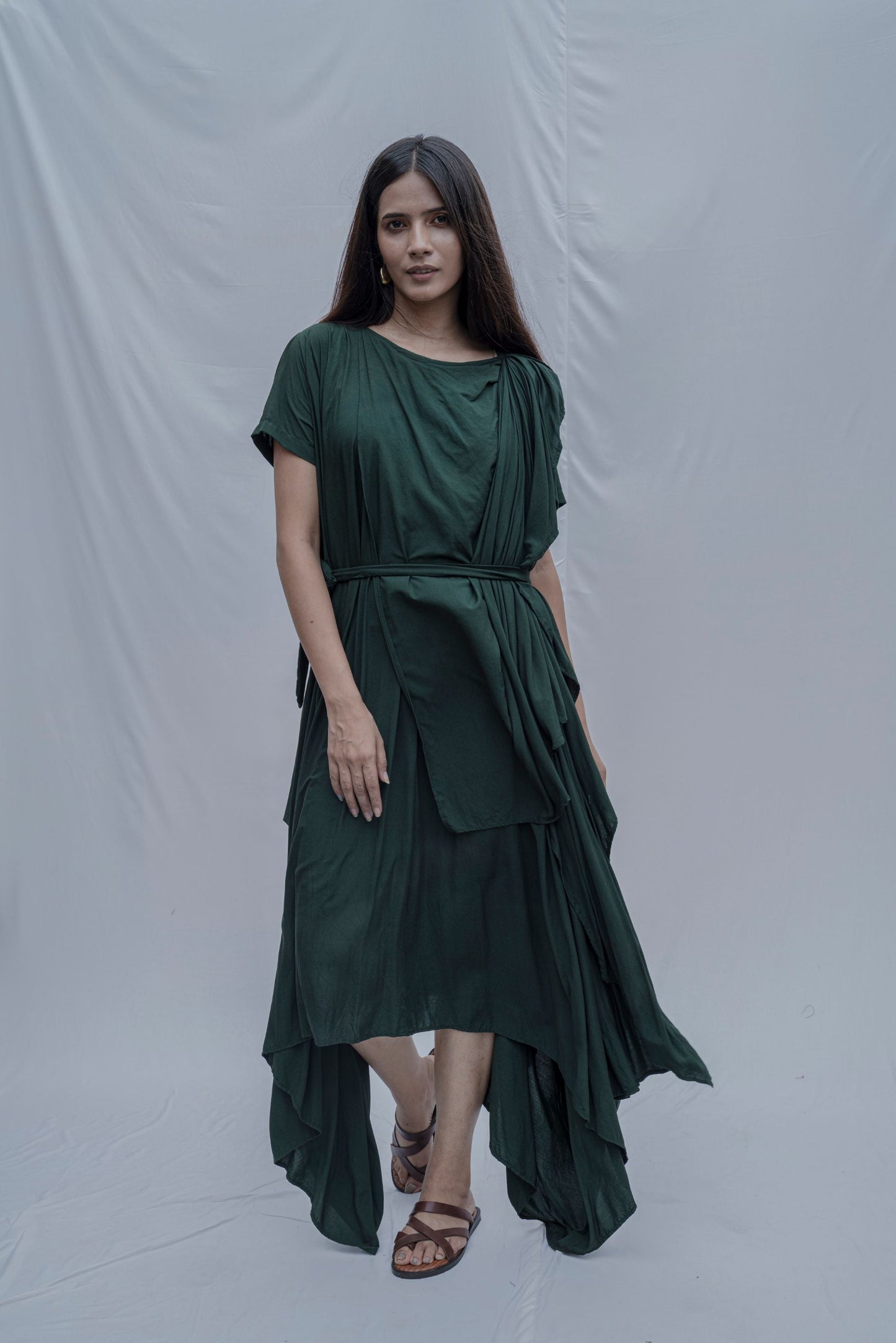 Jess- Bottle Green Overlap Asymmetric Draped Dress-1