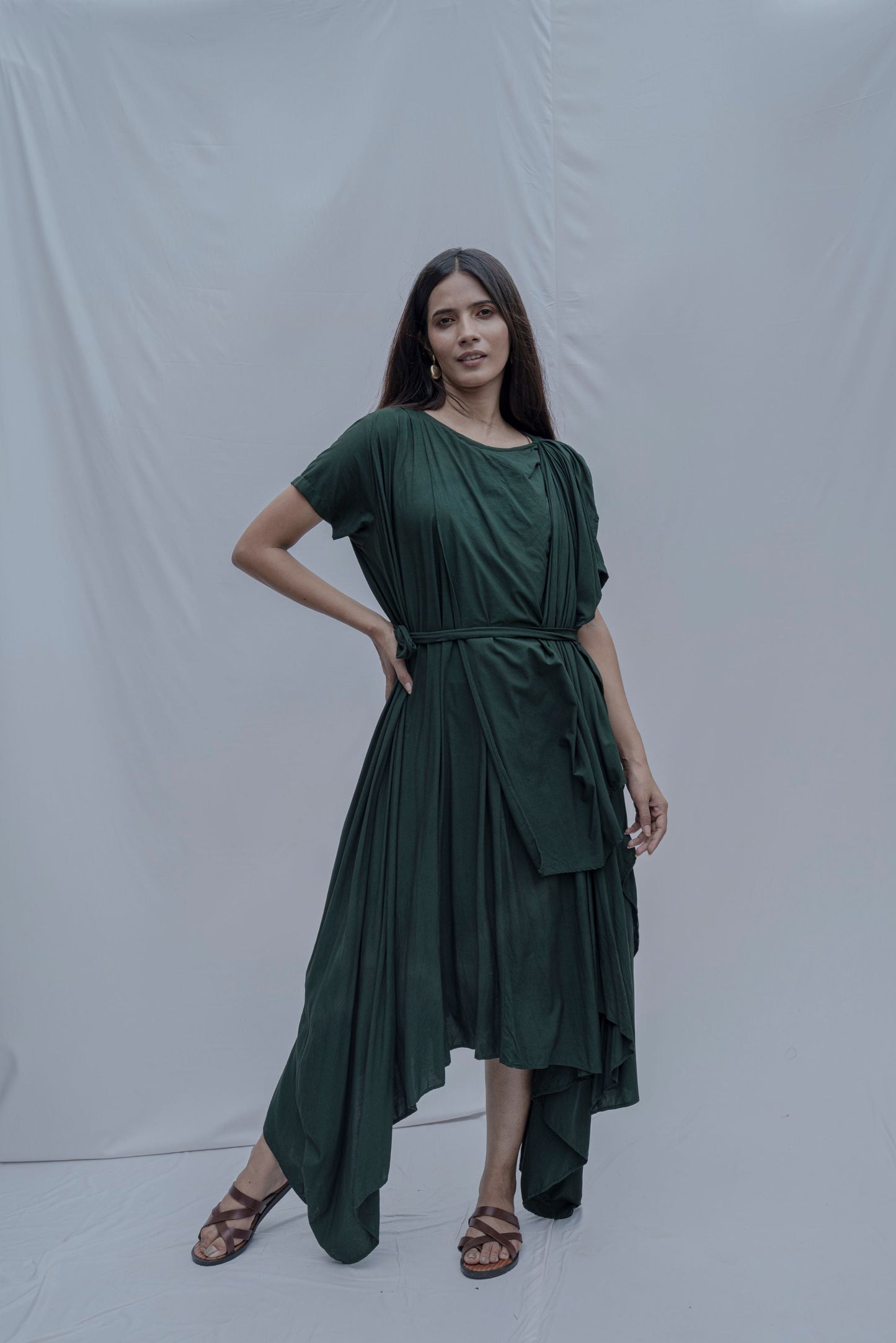 Jess- Bottle Green Overlap Asymmetric Draped Dress-3