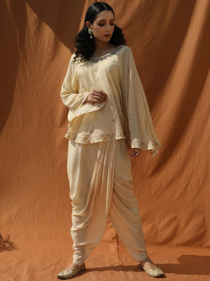 OFF WHITE OPULENT PONCHO WITH DRAPE DHOTI PANTS-0