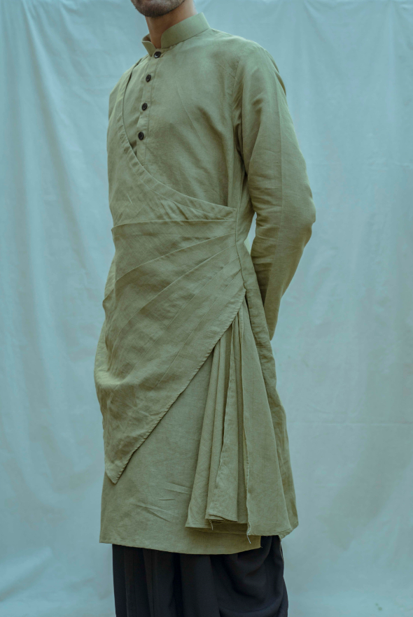 Cotton X Linen Pleated Angrakha Kurta In Nature Green-2