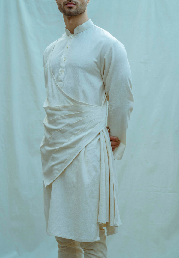 Cotton X Linen In Off-White Pleated Angrakha Kurta-3