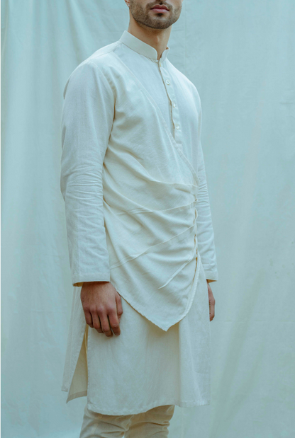 Cotton X Linen In Off-White Pleated Angrakha Kurta-2